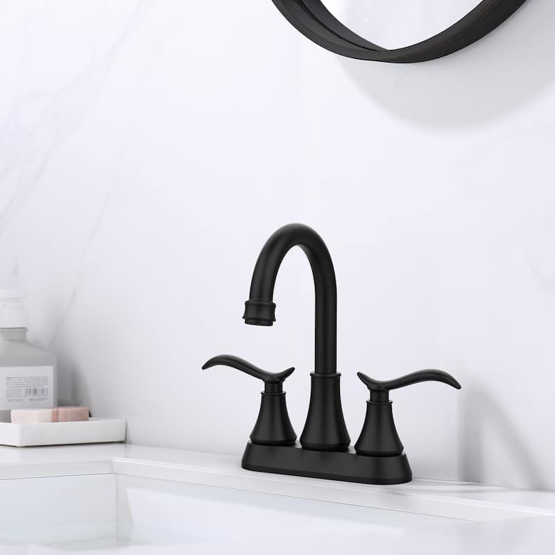 Bathroom Faucet with Pop-up Drain & Supply Hoses 2-Handle 360 Degree High Arc Swivel Spout Centerset 4 Inch Vanity Sink Faucet