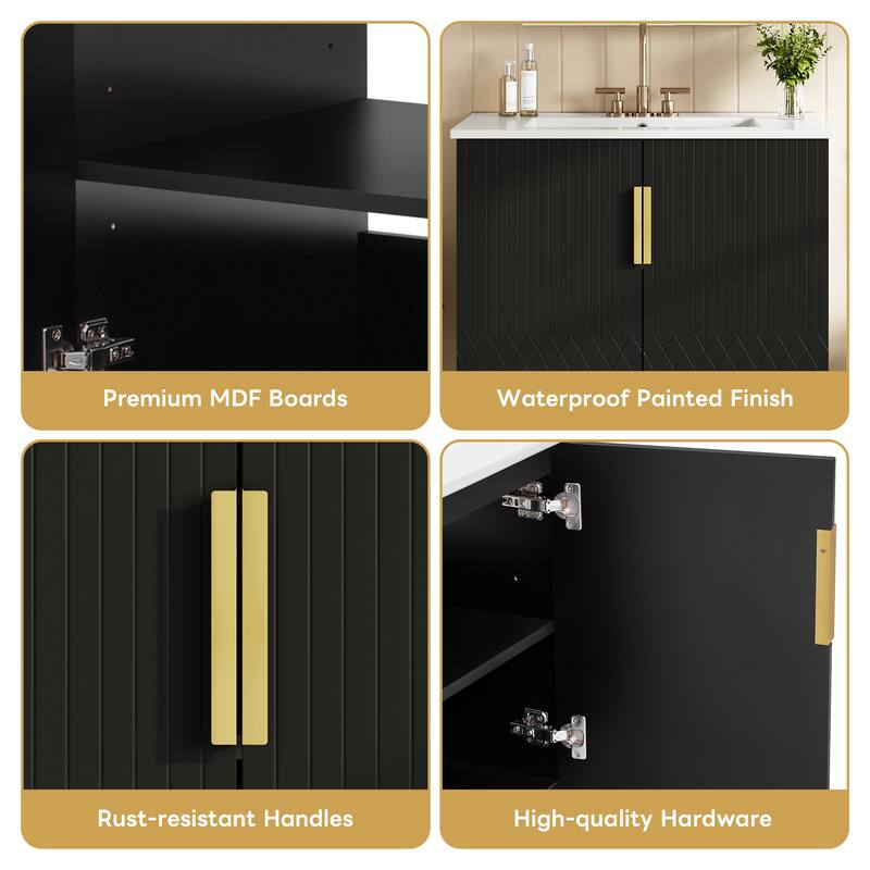 30" Wall-Mounted Style Bathroom Vanity with 3 Holes Single Ceramic Sink,2 Soft Closing Doors, Spacious and Adjustable Storage