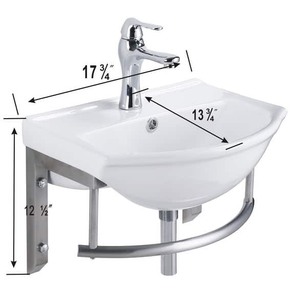 White Porcelain Wall Mounted Bathroom Sink with Faucet, Drain, Towel Bar and Overflow