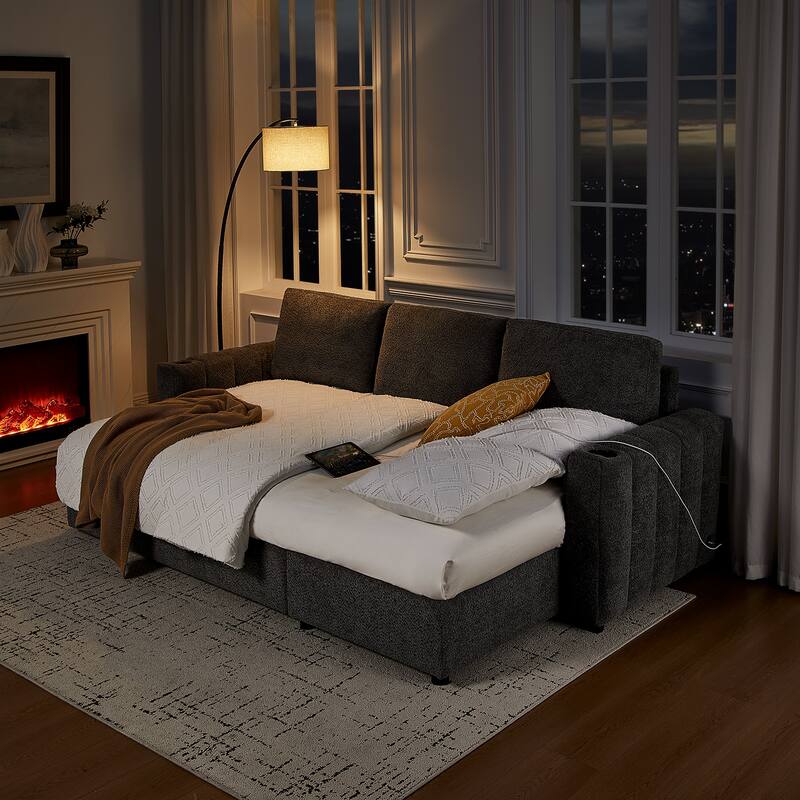 Seraphina 101"W Gray Chenille Fabric Reversible Sleeper Sectional Sofa w/Storage Chaise, Cupholders, USB Port, Throw Pillows