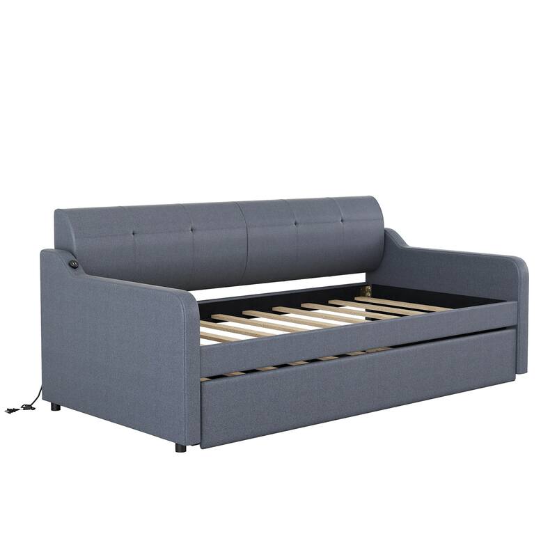 Gray Upholstered Twin Size Daybed with Trundle, USB Charging Design, Solid Construction, Elegant Design