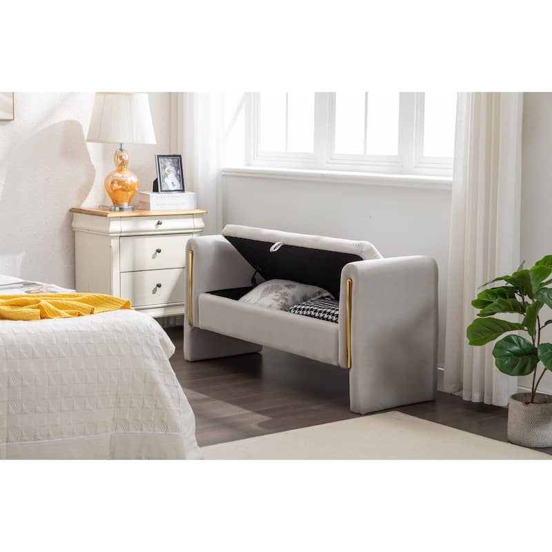 53" Modern Storage Bench with 300lb Seating, Velvet Upholstered Bed Bench with Wood Legs Safety Hinge