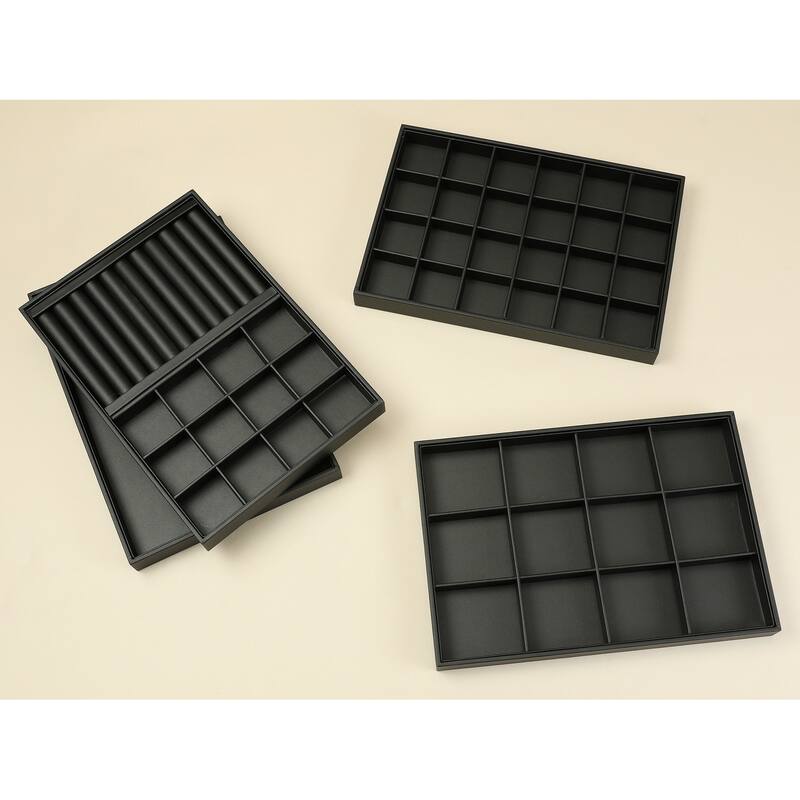 Set of 2 Stackable Jewelry Organizer Trays with Removable Dividers for Drawers, PU Leather Jewelry Organizer Drawer - Black
