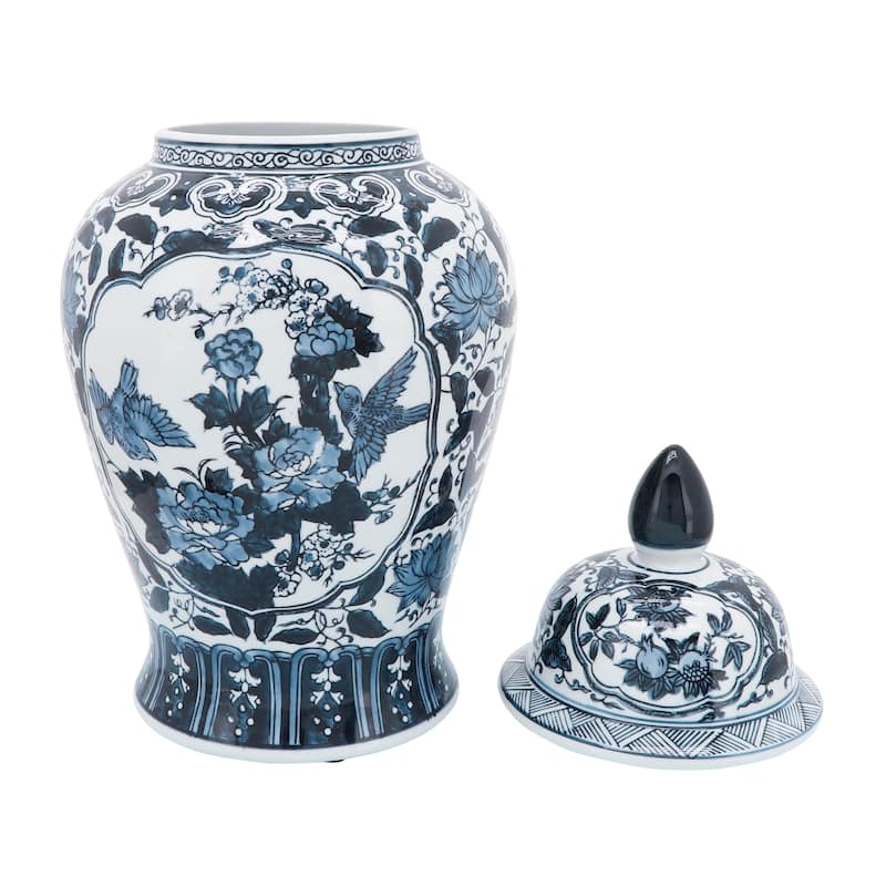19" Ceramic Temple Jar Blue and White Chinoiserie Floral Design Contemporary Decorative Jar Accent Simple Blue
