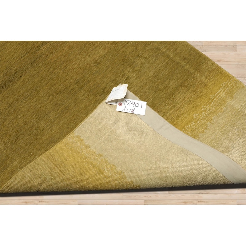 Hand Knotted Ombre Olive, Green Tibetan Wool Modern Oriental Area Rug - 3' 1'' x 12' 1''