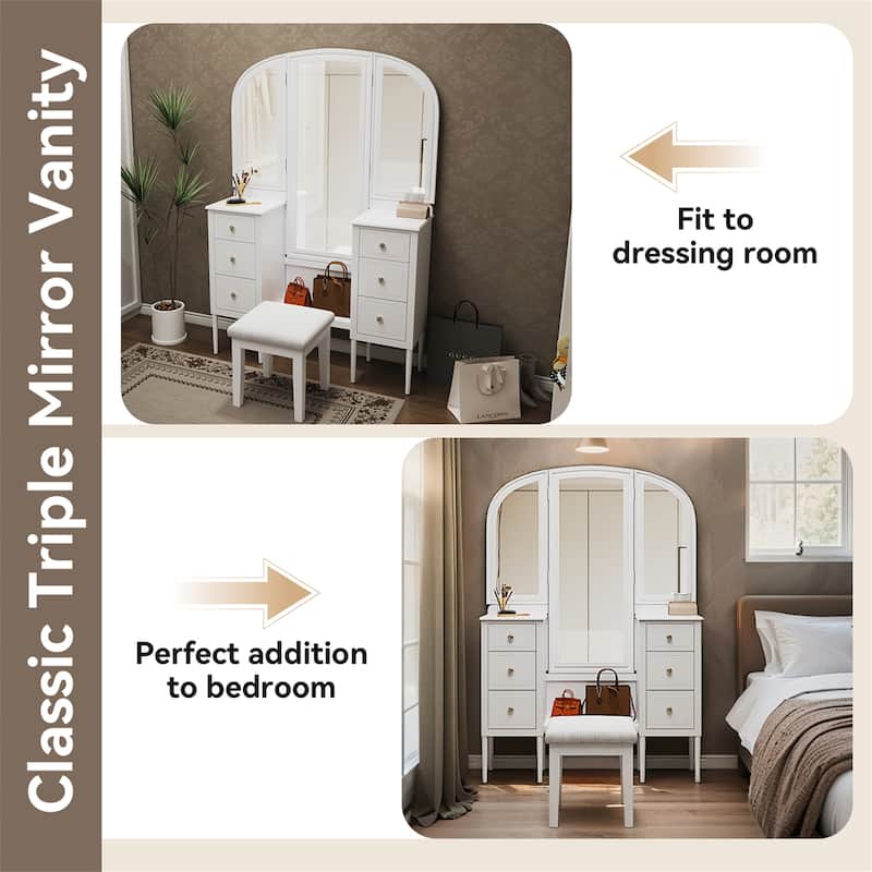 Makeup Vanity Desk with Triple Mirror, 6-Drawers and Stool
