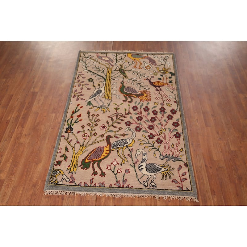 Animals Design Floral Ziegler Indian Area Rug Handmade Wool Carpet - 3'11"x 5'11"