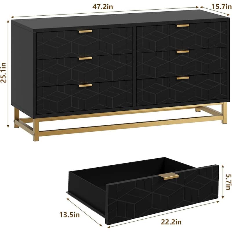6 Drawer Dresser with Golden Metal Handle and Legs