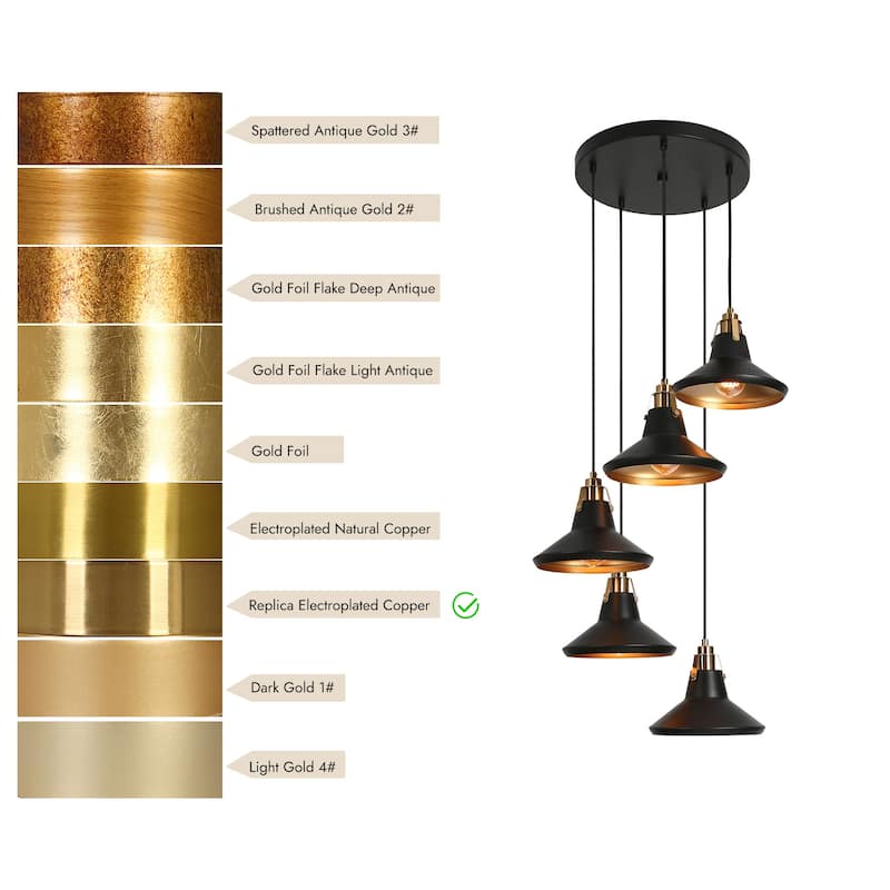 Modern Farmhouse 5-Light Black Brass Metal Chandelier with Bowl-Shaped Pendant Lights for Kitchen Dining Room - 20" D x 7" H
