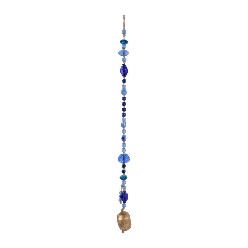 Glass Metal Wood Windchime Jute Beads Bell - 35" Gold/Blue - 2.5" x 2.5" x 35"