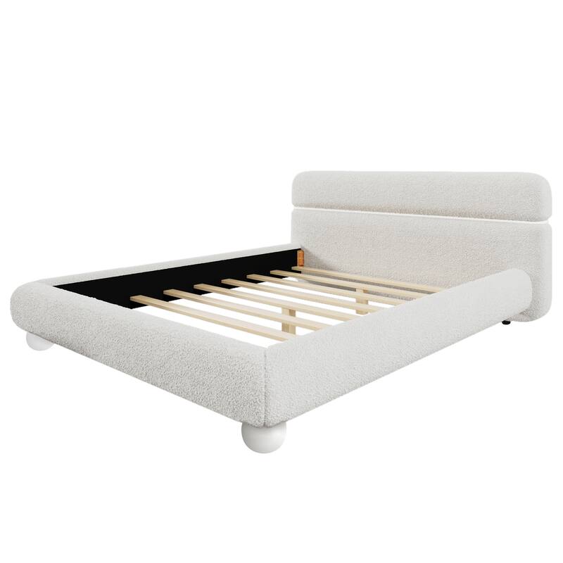 Queen Size Low Profile Upholstered Bed with Teddy Fleece Boucle Fabric and Solid Round Legs, Stylish Curve-Shaped Headboard