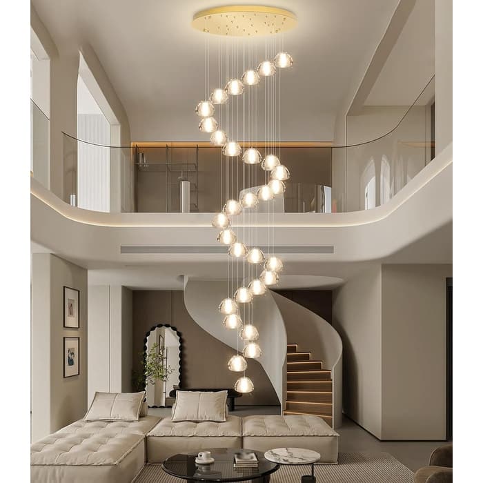 KAYLA 30-Lights Gold Modern Crystal Chandelier for Staircases, 157" Extra-Long Adjustable LED Ceiling Light