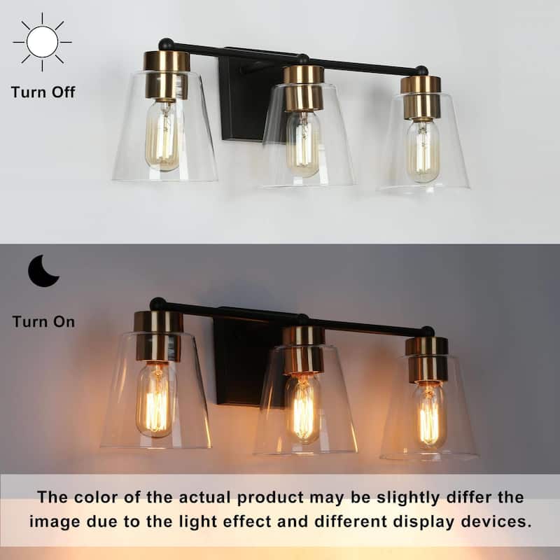 Airielle Black Gold 3-Lights Bathroom Vanity Lights Modern Farmhouse Wall Lamps with Cylinder Glass Shade
