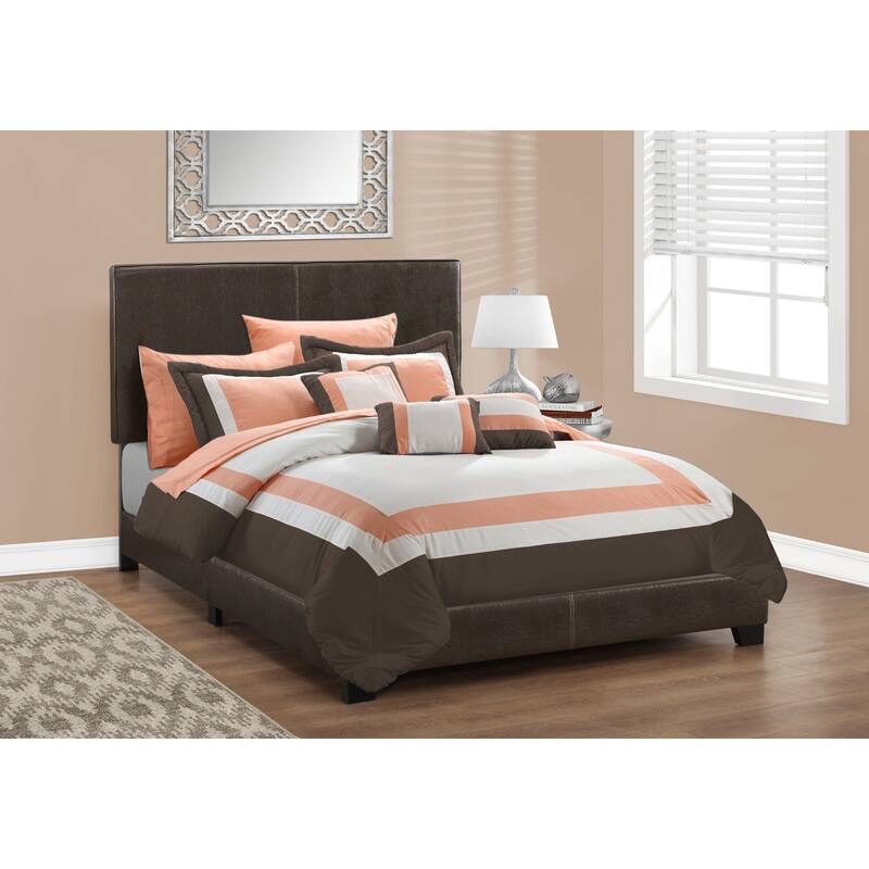 Brown Faux Leather Full Bed Frame with Wood Panel Headboard and Upholstered Standard