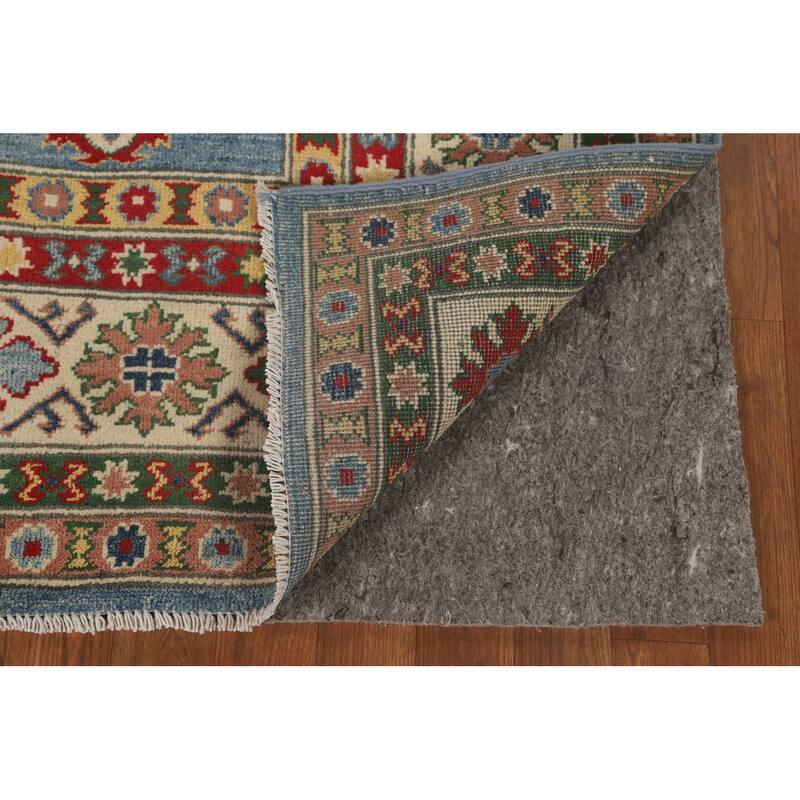 Blue Geometric Kazak Area Rug Hand-Knotted Traditional Wool Carpet - 6'8" x 9'9"