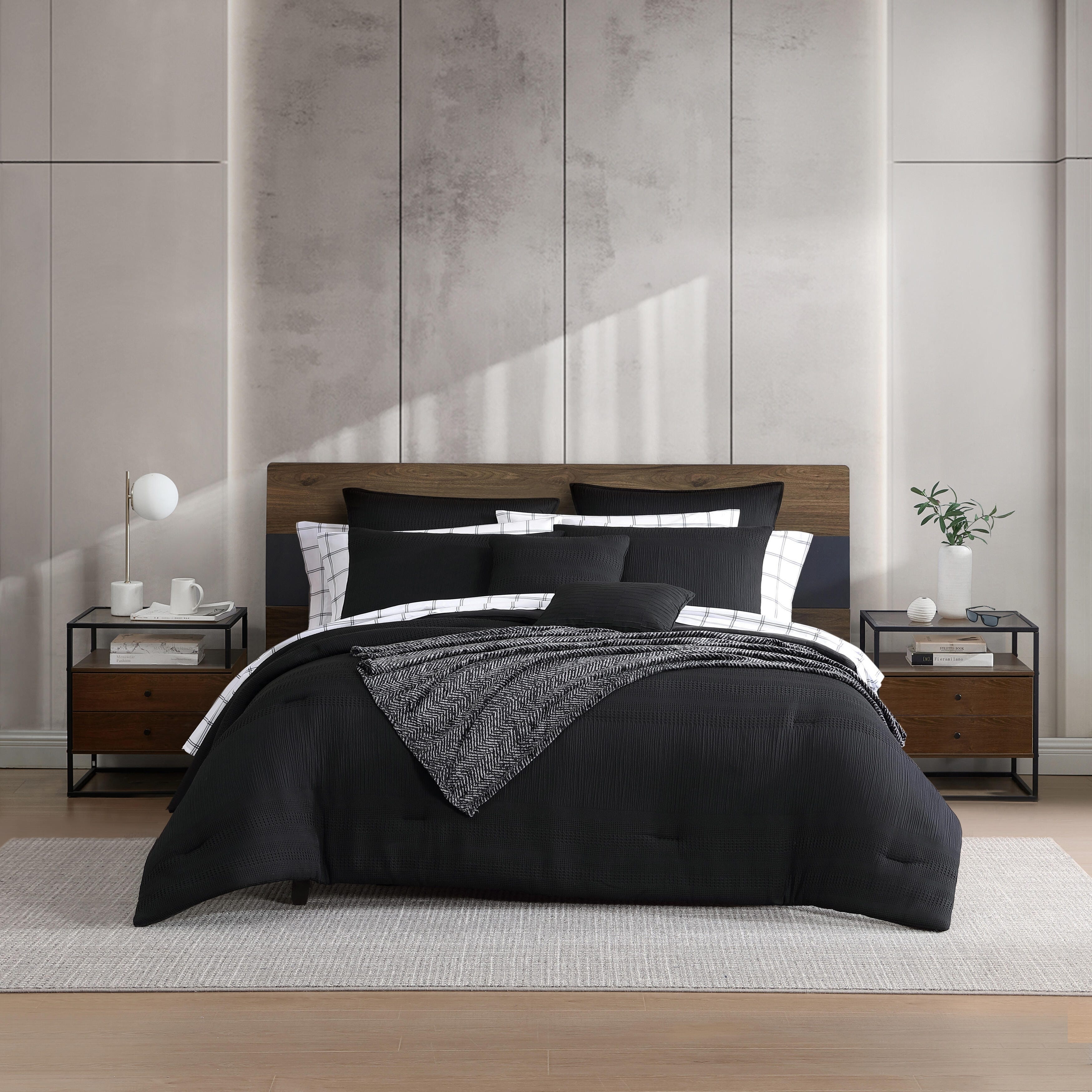 Kenneth Cole Variegated Waffle Black 14 Piece Comforter Bonus Set
