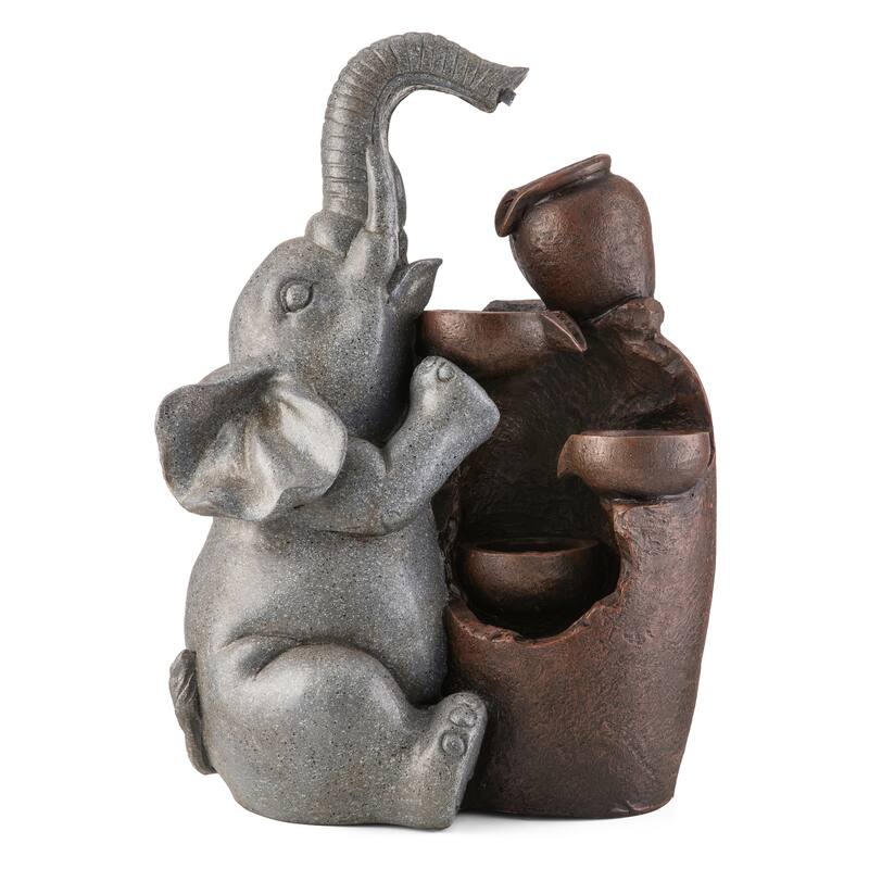 Glitzhome 4-Tiered Dogs or Elephant and Pot Polyresin Outdoor Fountain with Pump and LED Light
