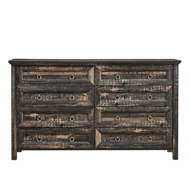 Farmhouse Style 8-Drawer Double Dresser with Rustic Wood Wide Finish and Metal Ring Handle