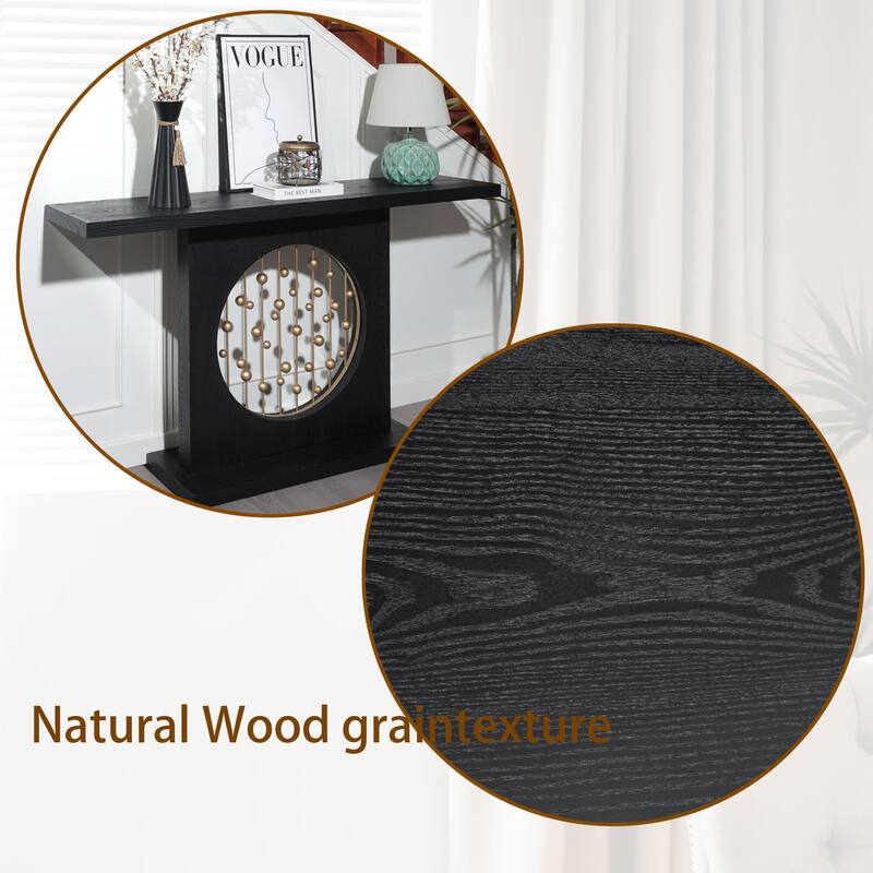 Elegant Wood Console Table, Circular Cutout with Floating Gold Spheres