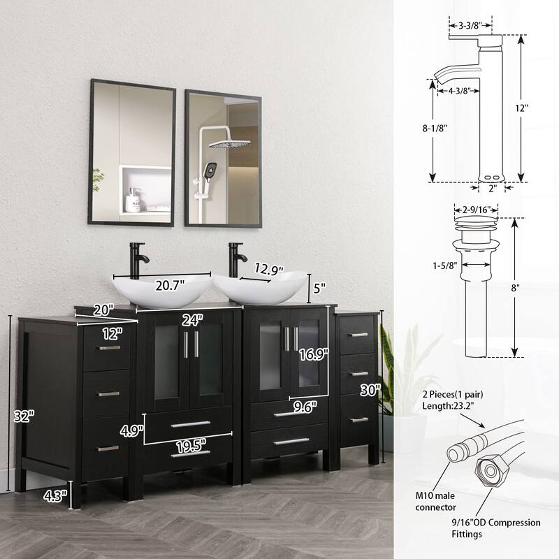 72" Bathroom Vanity Set Glass Ceramic Vessel Sink Side Cabinet Combo
