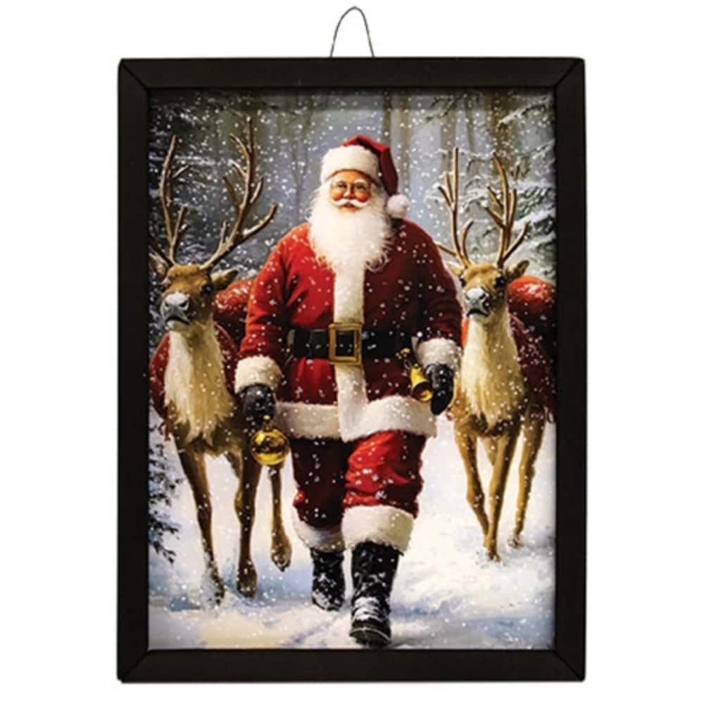 Santa Walking with Reindeer Box Frame Christmas Wall Art Red Santa Black Wood Holiday Decor 17x13