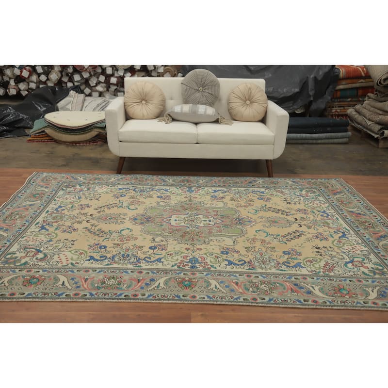 Hand Knotted Oriental 100% Wool Carpet Traditional Floral Beige & Ivories Tabriz Area Rug - 9' 5'' X 6' 5''