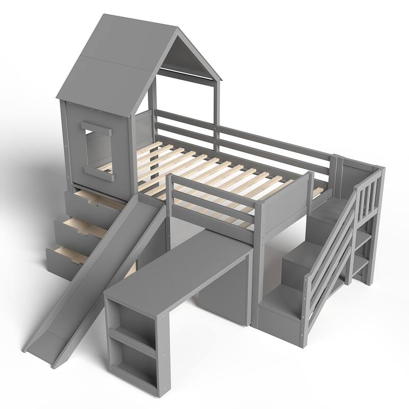 Twin Loft Bed with Storage Cabinets and Removable Desk, Kids House Loft Bed with Slide and Stairs, Childlike