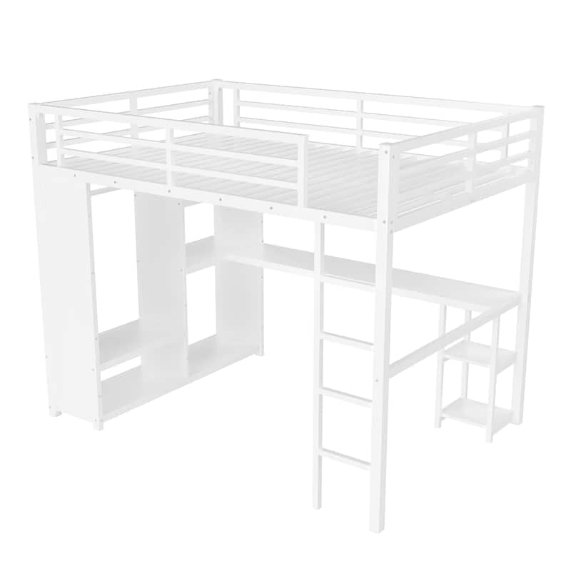 Off White Queen Loft Bed with Built-in Wardrobe, Desk, and Storage Shelves, Space-Saving Design