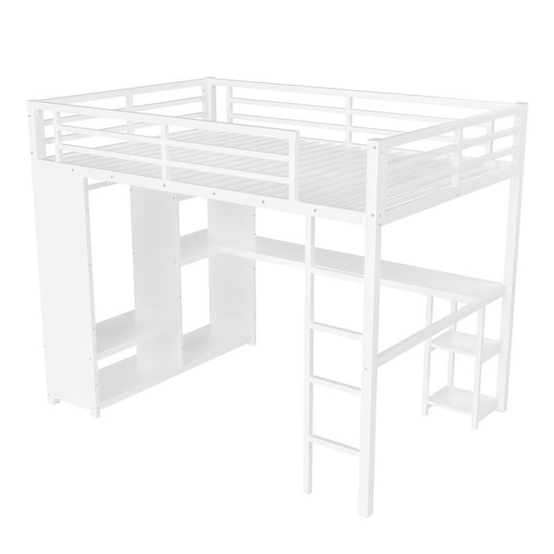 Queen Metal Loft Bed with Desk Wardrobe and Storage Shelves, White Elevated Bed with Guardrails and Staircase