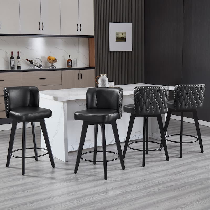 27.5" Faux Leather Upholstered Swivel Counter Height Bar Stool with Wooden Frame, Set of 1/2/3/4 - Black - Set of 4