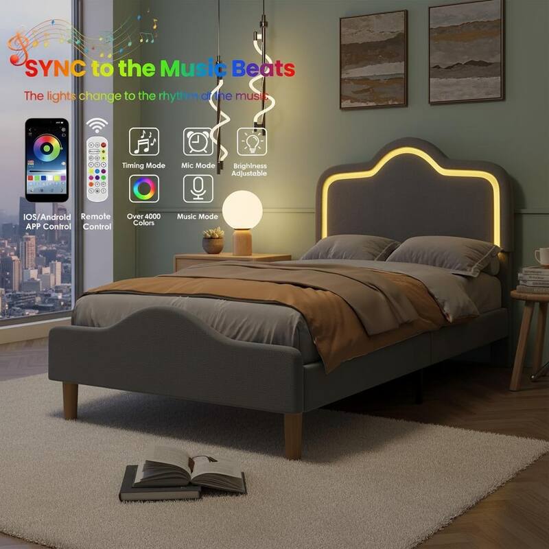 Bed Frame, Adjustable LED Headboard and Footboard