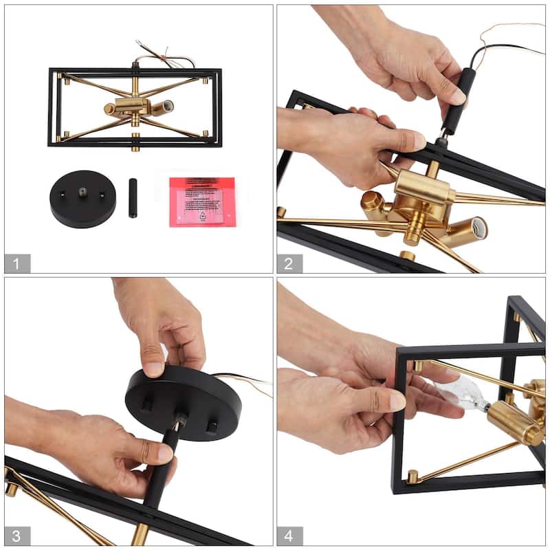 Modern Black Gold 3-Light Sputnik Semi-Flush Mount Ceiling Light Cage Starburst Chandeliers - 13"L x 10.5"H