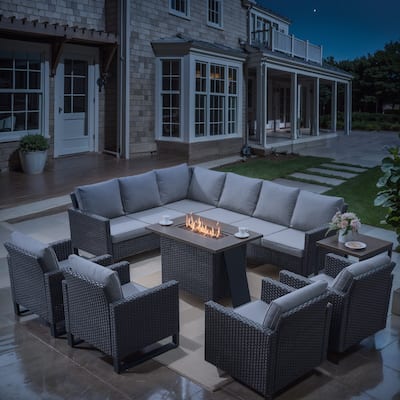 Outdoor Propane Fire Pit Table with Sofa Chair Table Set- Beige cushion - Brown
