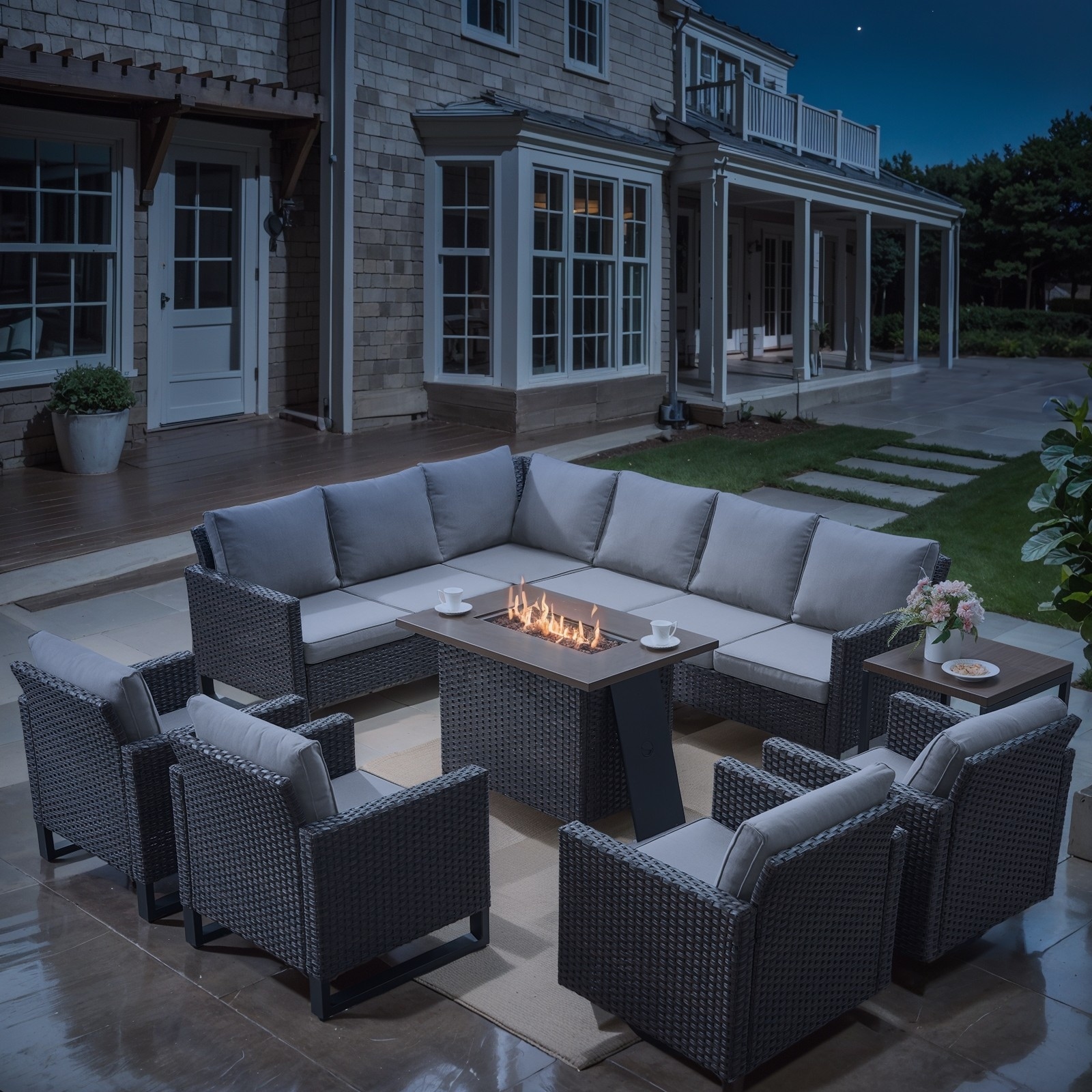 Outdoor Propane Fire Pit Table with Sofa Chair Table Set- Beige cushion - Brown