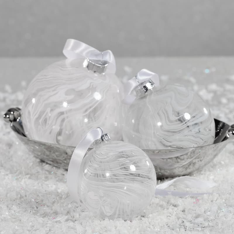 White Watercolor Glass Ball Christmas Ornaments, Set of 6, 4"