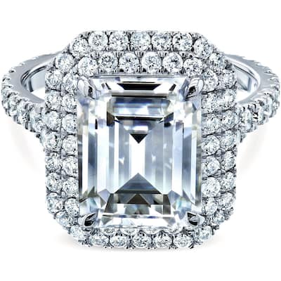 Annello by Kobelli Large Emerald Double Halo Moissanite and Diamond Ring(HI/VS, GH/I)