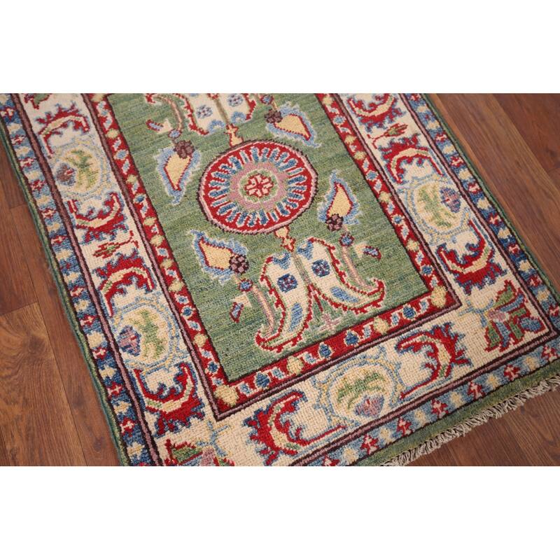 Green Geometric Kazak Foyer Rug Hand-Knotted Wool Carpet - 2'0" x 2'8"