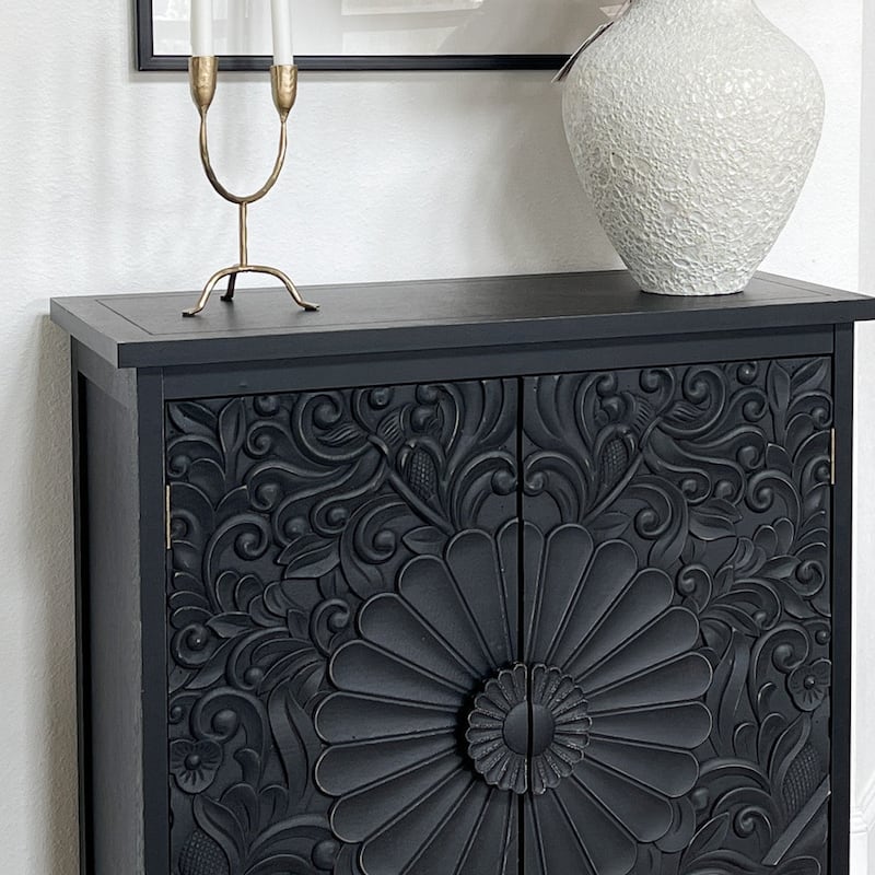 Vintage 2-Door Black Flower Carving Handle Distressed Storage Cabinet