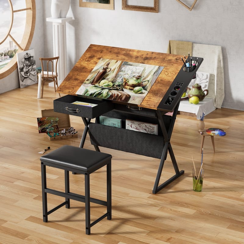 Javlergo Drafting Table Drawing Table Artist Desk Tilting Tabletop Art Craft Desk 2 Storage Drawers and Stool for Home Office