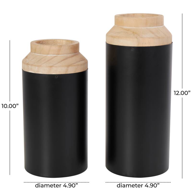 Black Wood Colorblock Decorative Vase with Light Brown Wood Tops (Set of 2)