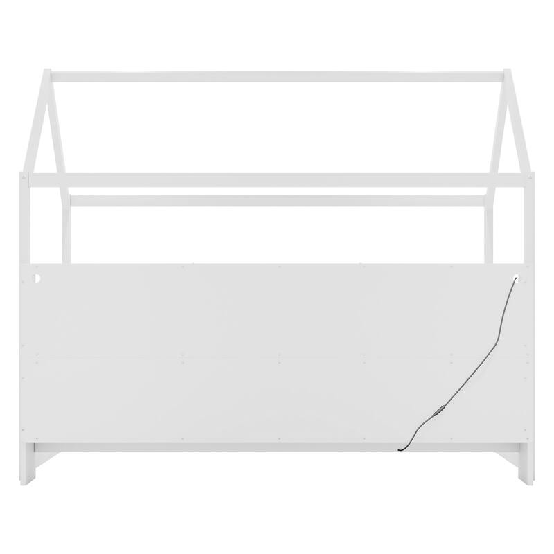 Twin Size House Bed with LED Light, Wood House Bed with Storage Bookshelf, Floor House Bed with Guardrails for Kid
