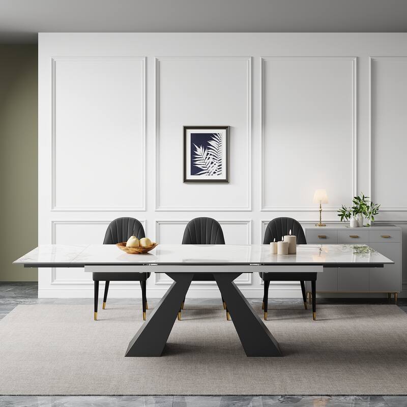 9 - Piece 110.24'' Extendable Sintered Stone Dining Table and 8 Leather Chairs Dining Set