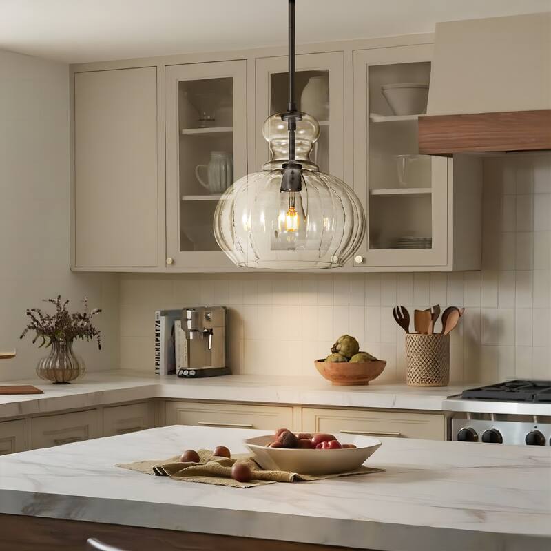 11" W Modern Traditional 1-Light Black/Gold Pendant Light with Clear Ribbed Pumpkin-shaped Glass Shade