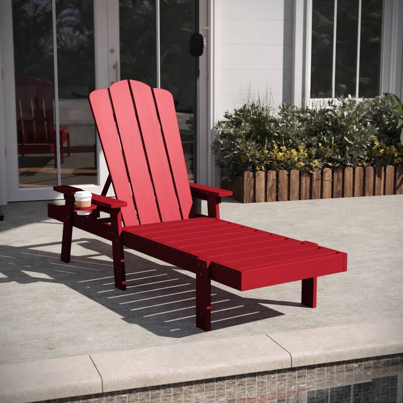 All-Weather Commercial Adjustable Lounge Chair with Fold Out Cupholder - Red