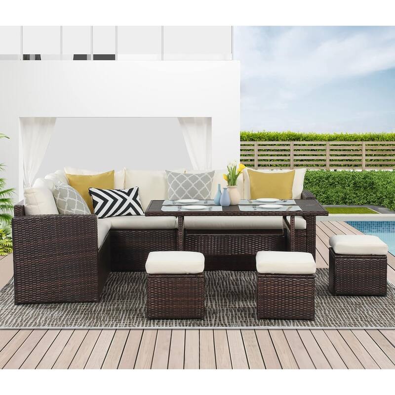 7 Piece Outdoor Dining Sectional Sofa with Dining Table and Chair