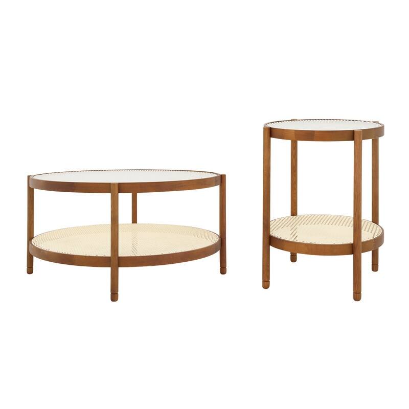 2-Piece Modern Farmhouse Round Coffee Table Set, Configurable Solid Wood Side Tables for Living Room, Bedroom