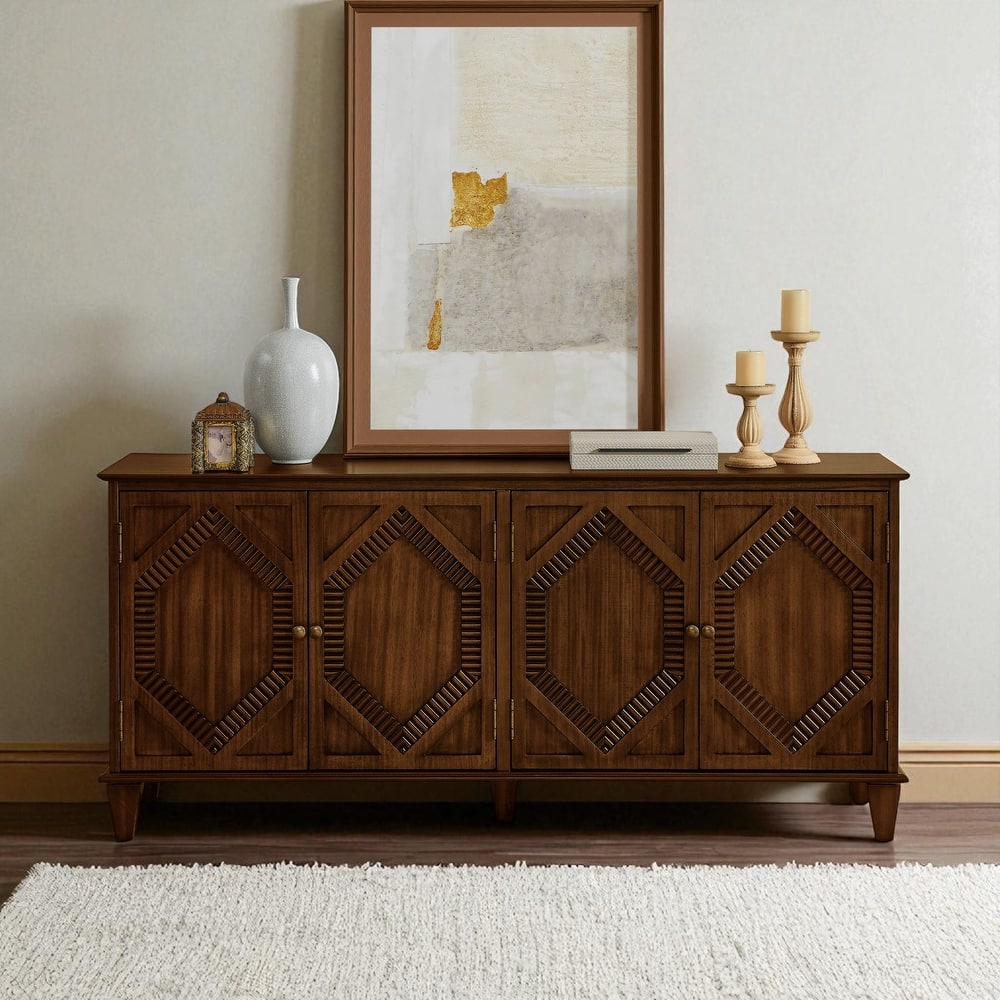 65.55" Mid-Century Modern Sideboard Buffet Cabinet with Adjustable Storage Shelf and Geometric Accent Doors for Kitchen