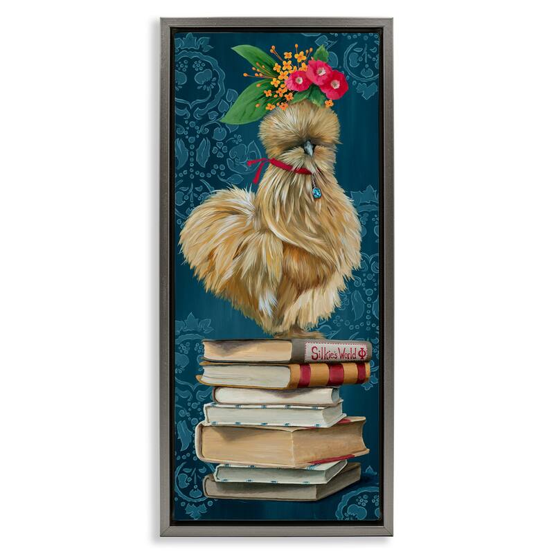 Stupell Farmhouse Chicken on Bookstack Framed Floater Canvas Wall Art Design By Heather Gauthier - 15 x 31 - Grey