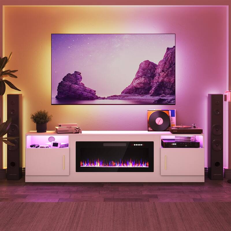 80" Modern Electric Fireplace TV Stand with 20-Color LED Lights, Fits Up to 90" TV, Adjustable Shelves & Cable Management