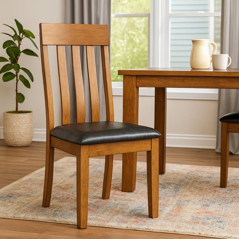 Raly Dining Side Chair Set of 2, Brown Faux Leather Seat, Slated Back